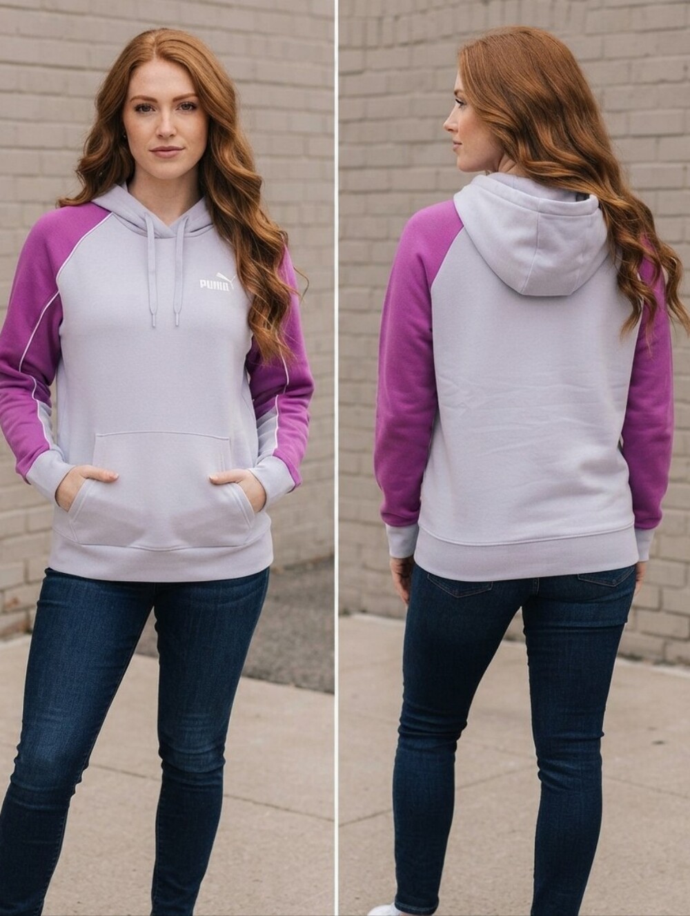 Puma Sport Comfort Hoodie Grey Purple Colorblock Pullover Small